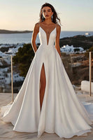 Load image into Gallery viewer, Ivory Satin Sweep Train Spaghetti Straps A Line Wedding Dress with Slit