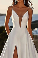 Load image into Gallery viewer, Ivory Satin Sweep Train Spaghetti Straps A Line Wedding Dress with Slit