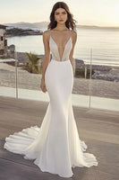 Load image into Gallery viewer, Ivory Chiffon Sweep Train Mermaid Spaghetti Straps Boho Wedding Dress