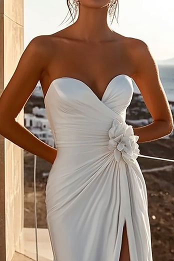 Ivory Sweep Train Mermaid Strapless Floral Boho Wedding Dress with Slit