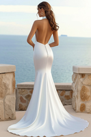 Load image into Gallery viewer, Simple Ivory Satin Sweep Train Mermaid Halter Wedding Dress