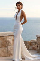 Load image into Gallery viewer, Simple Ivory Satin Sweep Train Mermaid Halter Wedding Dress