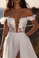 Load image into Gallery viewer, Ivory Sweep Train Off the Shoulder Ball Gown Wedding Dress with slit
