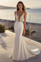 Load image into Gallery viewer, Simple Ivory Satin Sweep Train Mermaid V Neck Wedding Dress