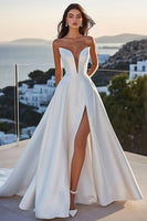 Load image into Gallery viewer, Simple Ivory Satin Sweep Train Ball Gown Strapless Wedding Dress with Slit