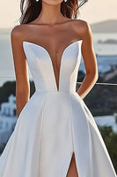 Load image into Gallery viewer, Simple Ivory Satin Sweep Train Ball Gown Strapless Wedding Dress with Slit