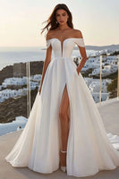 Load image into Gallery viewer, Simple Ivory Sweep Train Ball Gown Off the Shoulder Wedding Dress with Slit