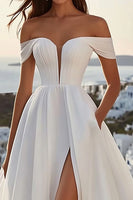 Load image into Gallery viewer, Simple Ivory Sweep Train Ball Gown Off the Shoulder Wedding Dress with Slit