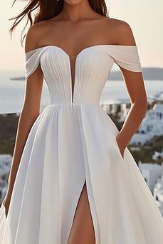 Simple Ivory Sweep Train Ball Gown Off the Shoulder Wedding Dress with Slit