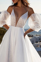 Load image into Gallery viewer, Ivory Sweep Train Spaghetti Straps A Line Wedding Dress