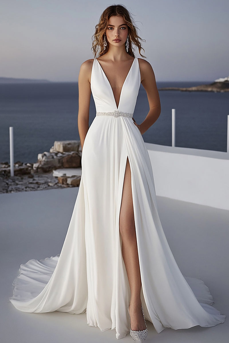 Load image into Gallery viewer, Ivory Chiffon V-Neck Sweep Train Boho Wedding Dress with Beading