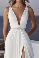 Load image into Gallery viewer, Ivory Chiffon V-Neck Sweep Train Boho Wedding Dress with Beading