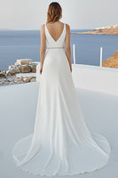 Load image into Gallery viewer, Ivory Chiffon V-Neck Sweep Train Boho Wedding Dress with Beading