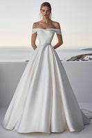 Load image into Gallery viewer, Ivory Off The Shoulder Ball Gown Sweep Train Boho Wedding Dress