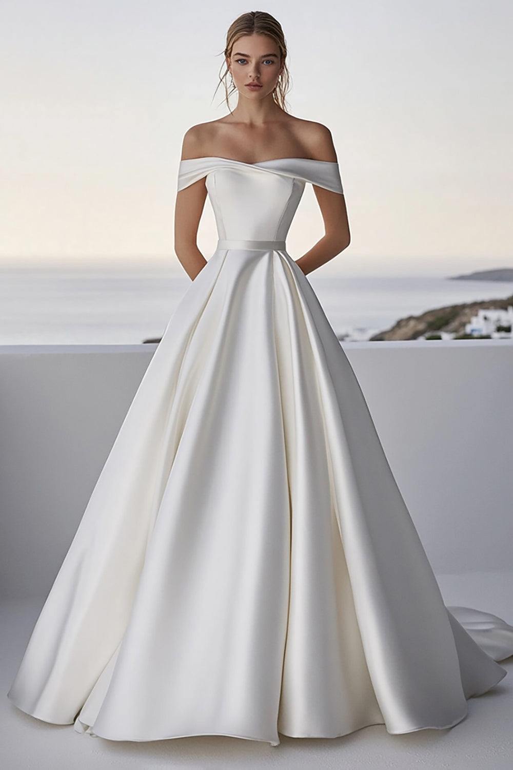 Ivory Off The Shoulder Ball Gown Sweep Train Boho Wedding Dress
