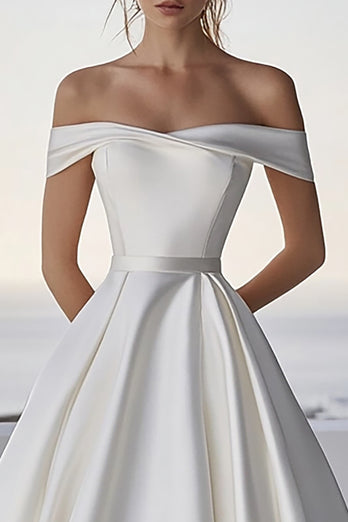 Ivory Off The Shoulder Ball Gown Sweep Train Boho Wedding Dress
