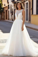 Load image into Gallery viewer, Ivory Illusion Boat Neck Sweep Train A Line Wedding Dress with Beading
