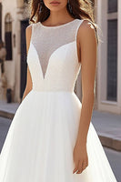Load image into Gallery viewer, Ivory Illusion Boat Neck Sweep Train A Line Wedding Dress with Beading