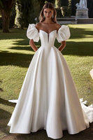 Load image into Gallery viewer, Ivory Puff Sleeves Sweetheart Ball Gown Sweep Train Wedding Dress