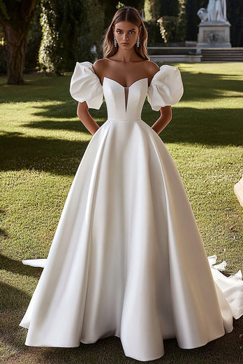 Ivory Puff Sleeves Sweetheart Ball Gown Sweep Train Wedding Dress