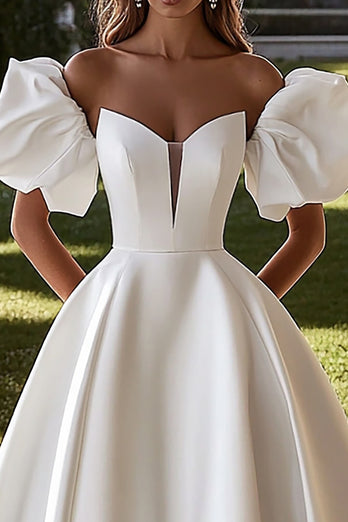 Ivory Puff Sleeves Sweetheart Ball Gown Sweep Train Wedding Dress