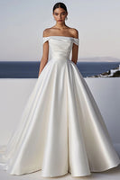 Load image into Gallery viewer, Ivory Satin Ruched Sweep Train Ball Gown Boho Wedding Dress