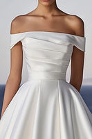 Load image into Gallery viewer, Ivory Satin Ruched Sweep Train Ball Gown Boho Wedding Dress