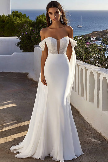 Ivory Sweep Train Mermaid Boho Wedding Dress with Rhinestone