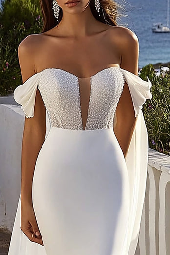 Ivory Sweep Train Mermaid Boho Wedding Dress with Rhinestone