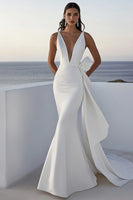 Load image into Gallery viewer, Ivory Satin V Neck Sweep Train Mermaid Boho Wedding Dress