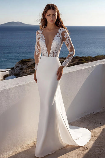 Ivory Mermaid V Neck Sweep Train Boho Wedding Dress with Lace