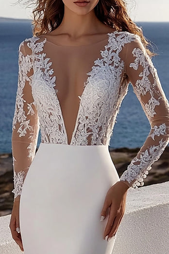 Ivory Mermaid V Neck Sweep Train Boho Wedding Dress with Lace