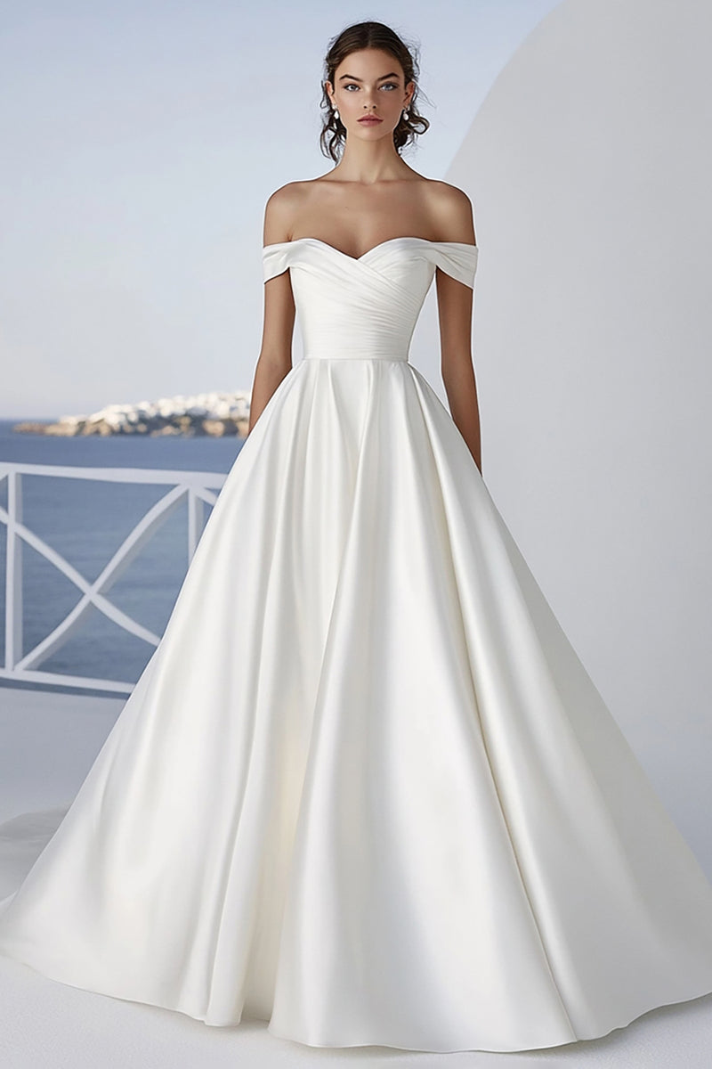 Load image into Gallery viewer, Ivory Satin Floor-Length Ball Gown Boho Wedding Dress