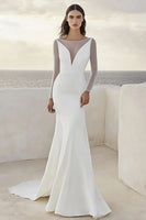 Load image into Gallery viewer, Ivory Illusion Boat Neck Sweep Train Mermaid Boho Wedding Dress