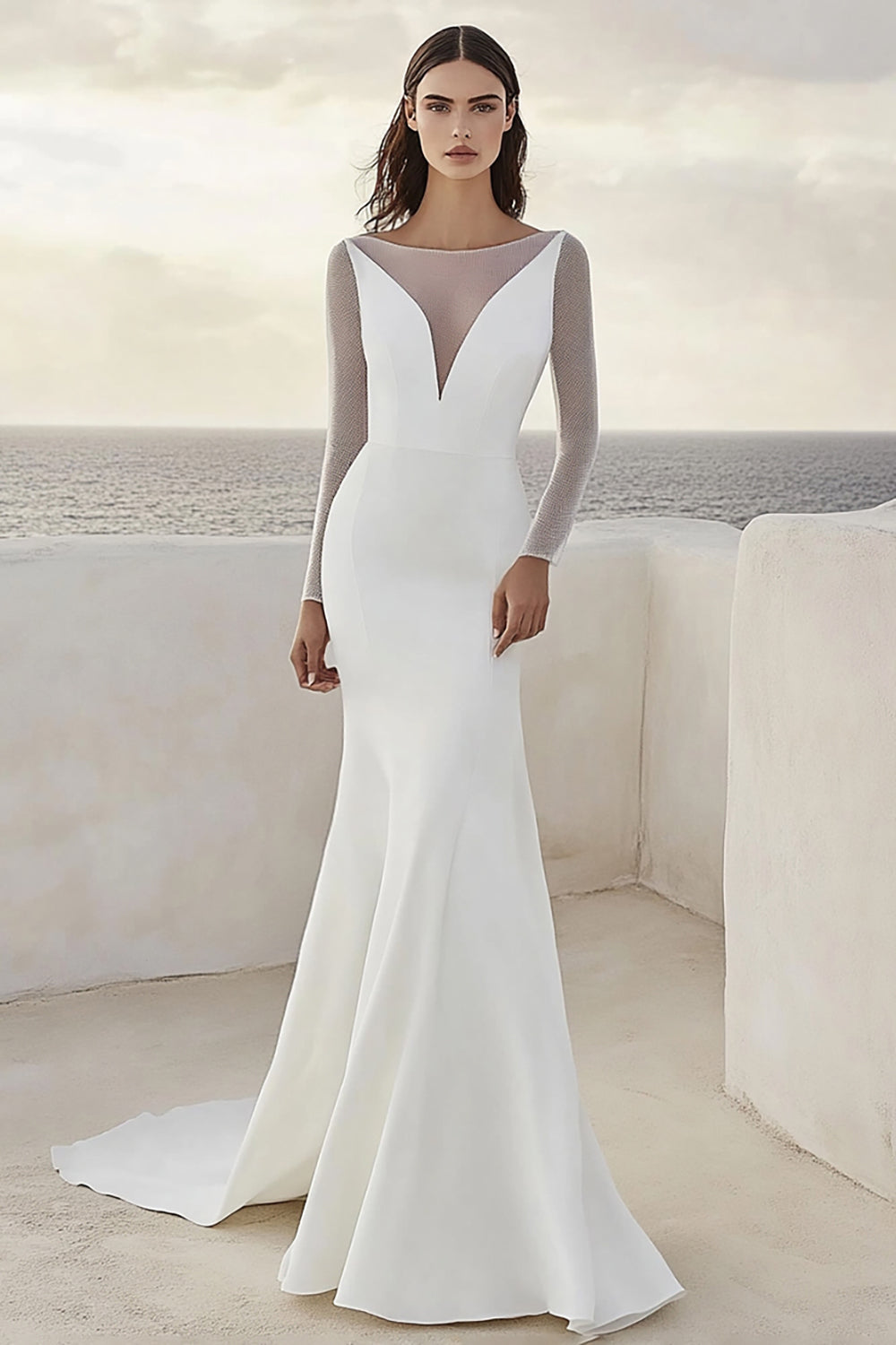 Ivory Illusion Boat Neck Sweep Train Mermaid Boho Wedding Dress