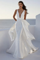 Load image into Gallery viewer, Ivory Satin Mermaid V Neck Sweep Train Boho Wedding Dress