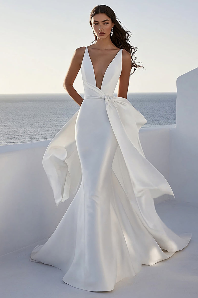 Load image into Gallery viewer, Ivory Satin Mermaid V Neck Sweep Train Boho Wedding Dress