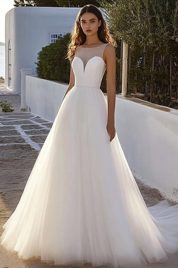 Ivory Illusion Bateau Sweep Train Ball Gown Wedding Dress