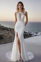 Load image into Gallery viewer, Ivory Bateau Sweep Train Mermaid Boho Wedding Dress with Slit