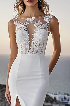 Ivory Bateau Sweep Train Mermaid Boho Wedding Dress with Slit
