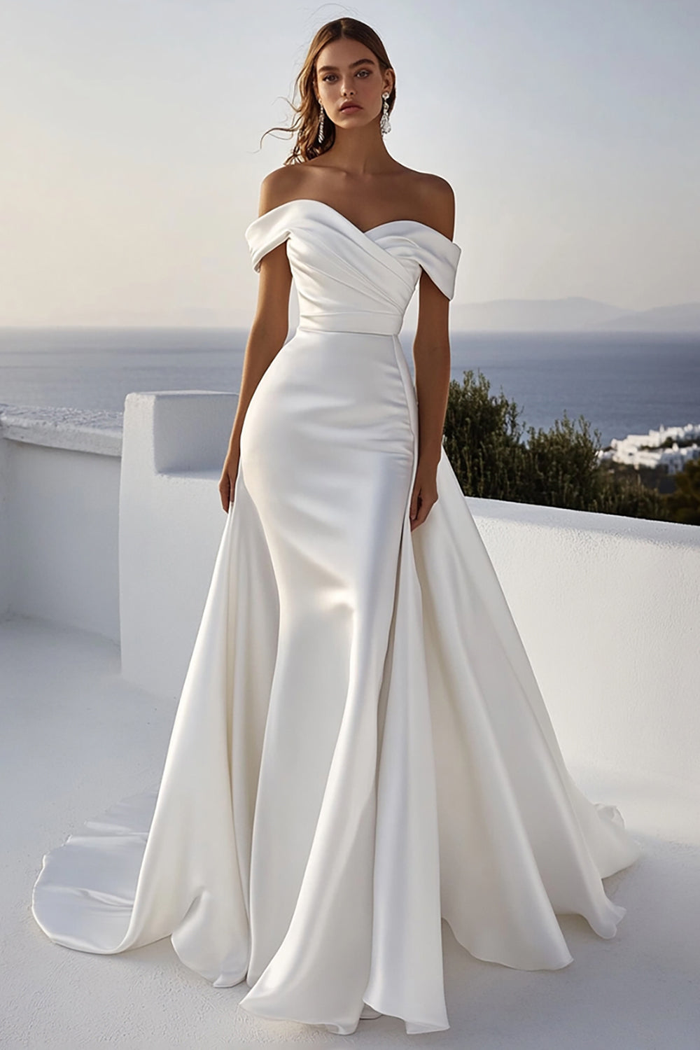 Ivory Satin Ruched Sweep Train Mermaid Wedding Dress