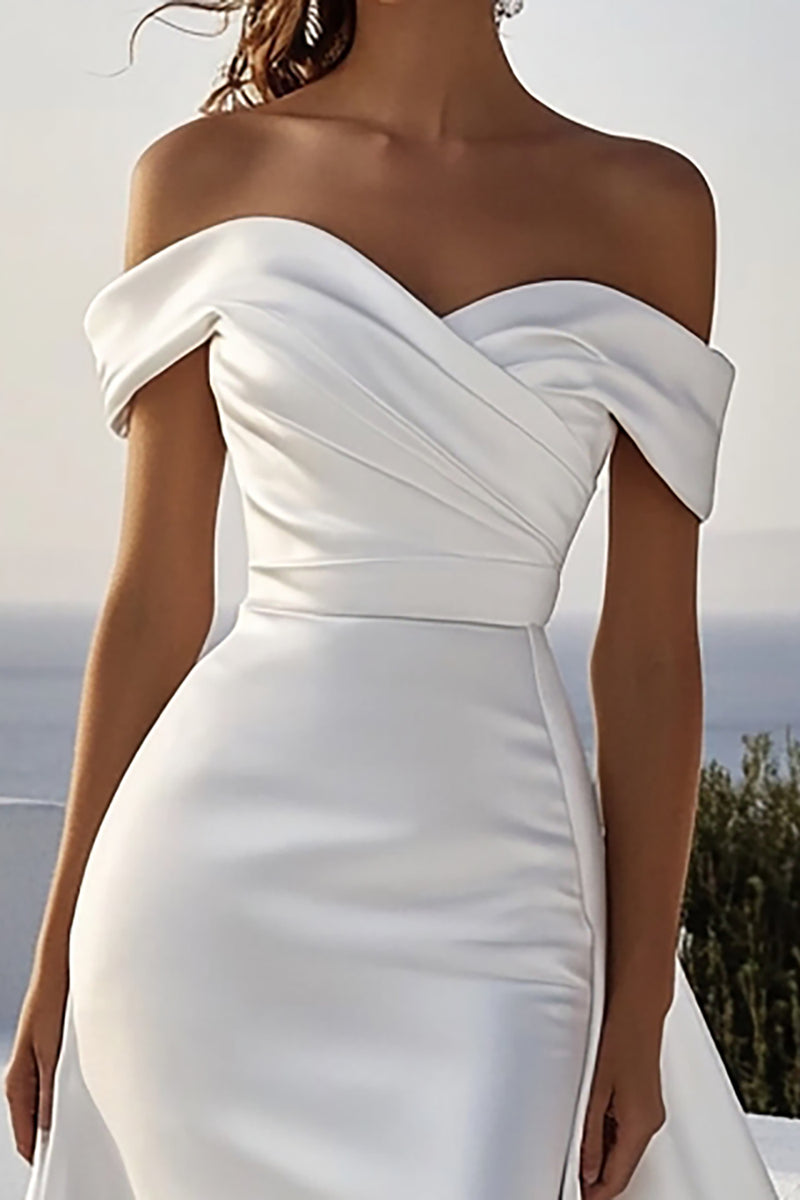 Load image into Gallery viewer, Ivory Satin Ruched Sweep Train Mermaid Wedding Dress