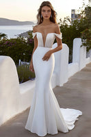 Load image into Gallery viewer, Ivory Bateau Sweep Train Mermaid Boho Wedding Dress with Beading