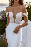 Load image into Gallery viewer, Ivory Bateau Sweep Train Mermaid Boho Wedding Dress with Beading