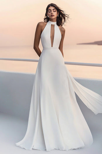 Ivory High Neck Floor-Length A Line Boho Wedding Dress with Keyhole