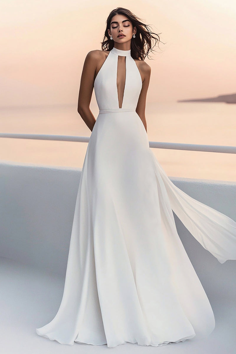 Load image into Gallery viewer, Ivory High Neck Floor-Length A Line Boho Wedding Dress with Keyhole