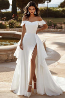 Load image into Gallery viewer, Ivory Chiffon Sweep Train A Line Wedding Dress with Slit