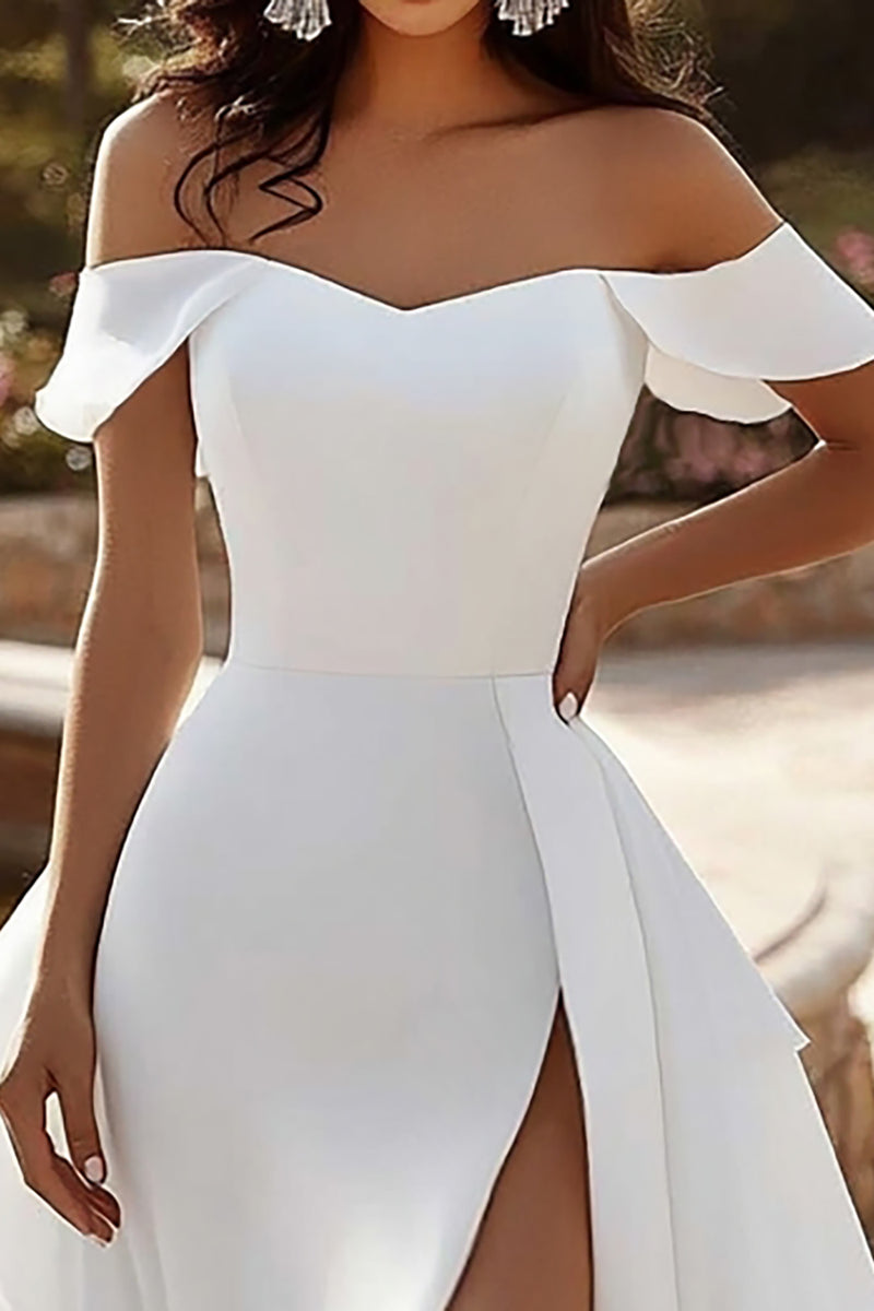 Load image into Gallery viewer, Ivory Chiffon Sweep Train A Line Wedding Dress with Slit