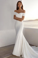 Load image into Gallery viewer, Ivory Ruched Sweep Train Boho Mermaid Wedding Dress