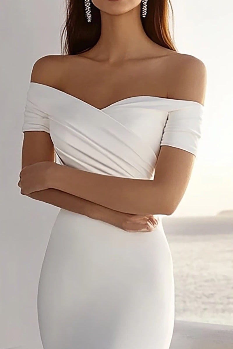 Load image into Gallery viewer, Ivory Ruched Sweep Train Boho Mermaid Wedding Dress